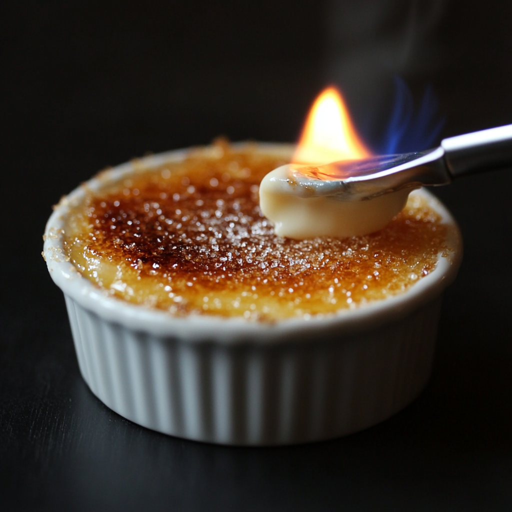 caramelizing sugar, bruleeing sugar, finishing crème brûlée, creating crispy topping, caramelized dessert sugar